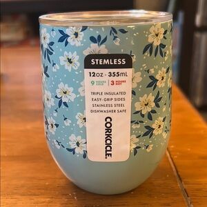 NWT Corkcicle Ditsy Floral Blue Stemless Tumbler 12 oz